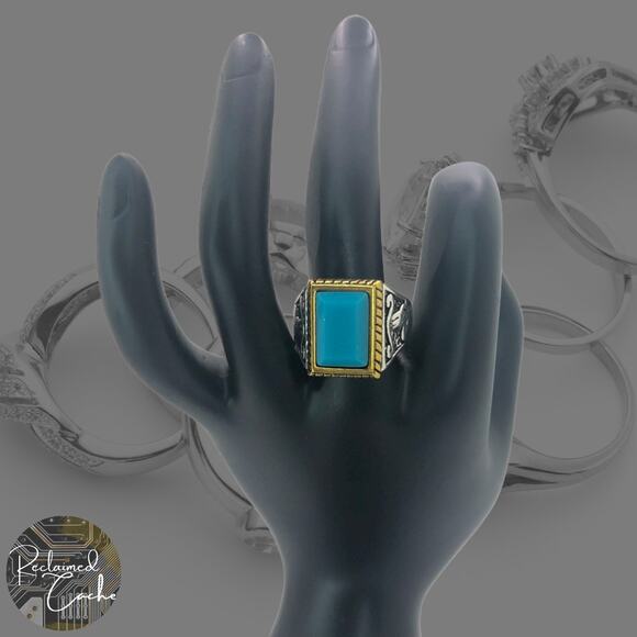 Silver and Gold Boho Ring with Blue Stone - Size 8.5 - Picture 1 of 7